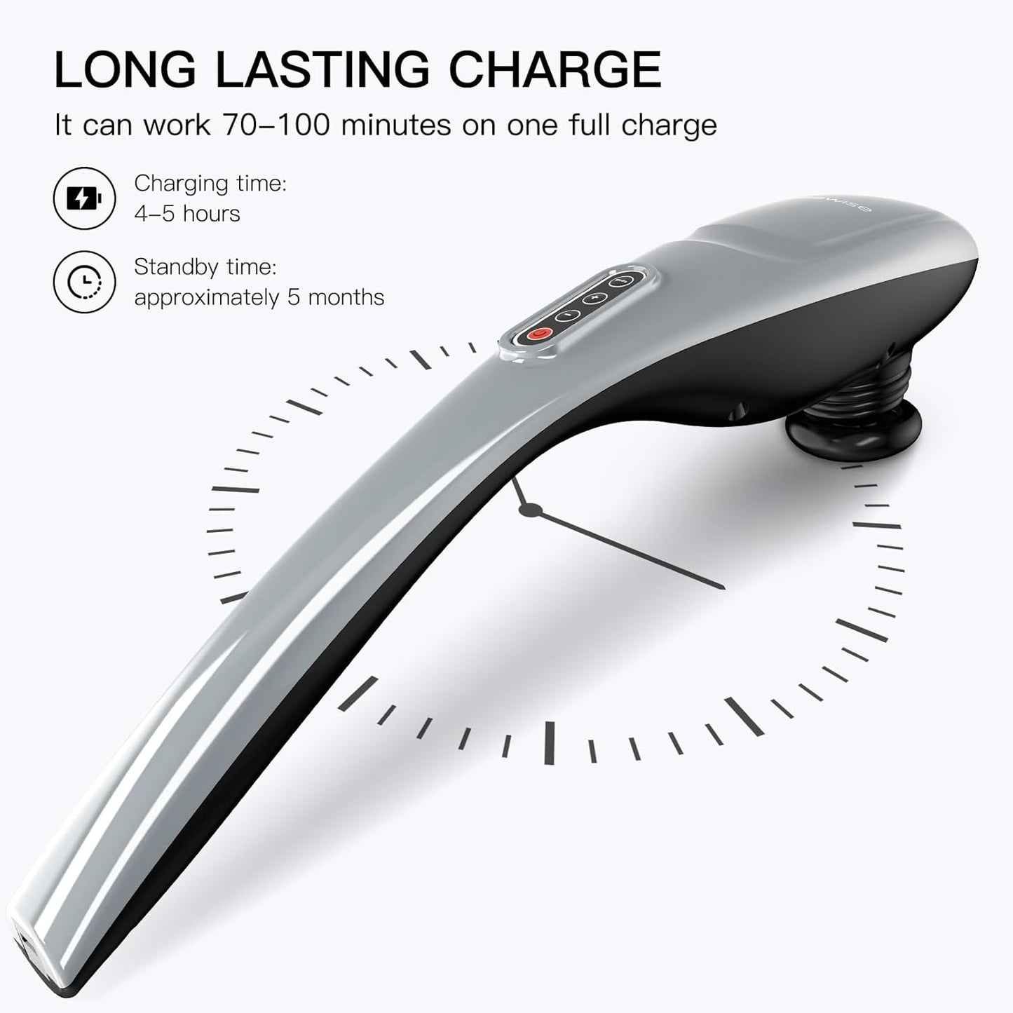 Handheld Back Massager | Deep Tissue Percussion Massage for Back, Neck, Shoulders, Waist and Legs (Cordless Silver)