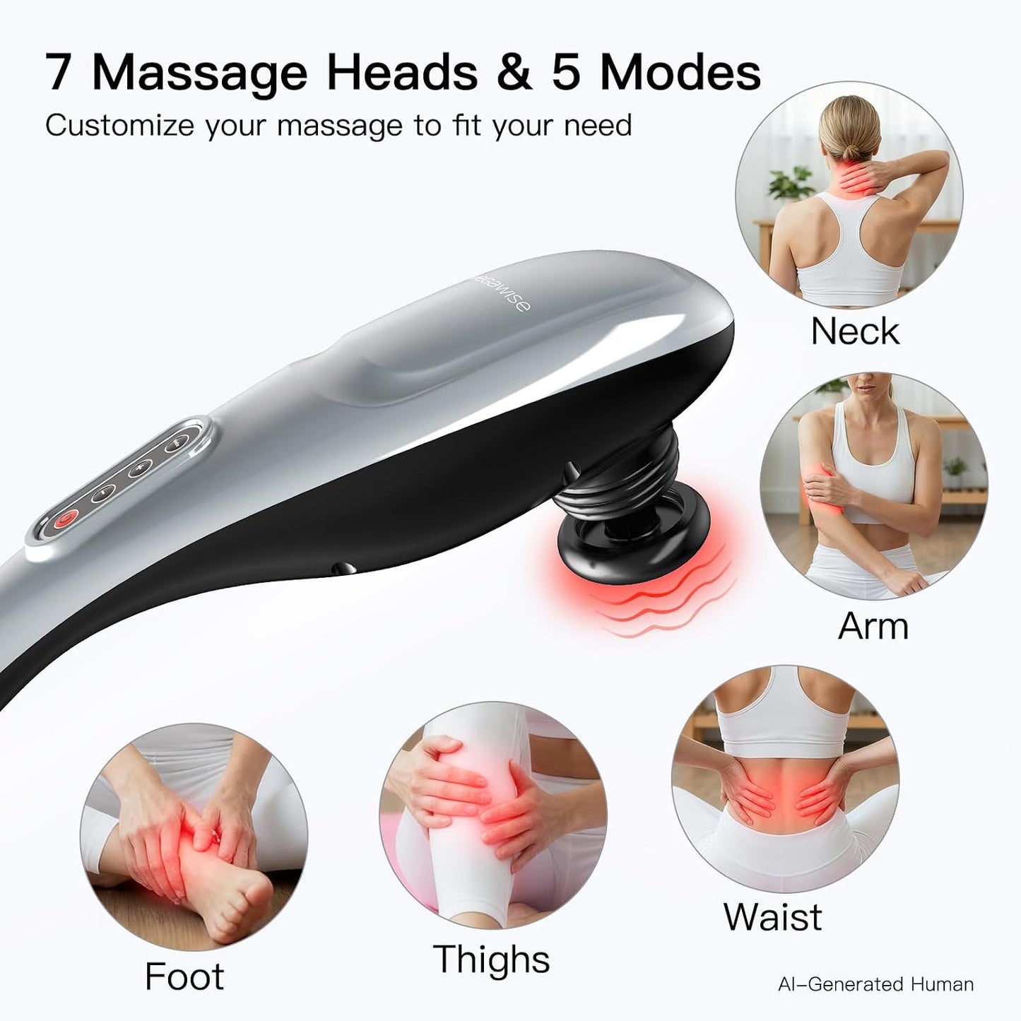 Handheld Back Massager | Deep Tissue Percussion Massage for Back, Neck, Shoulders, Waist and Legs (Cordless Silver)