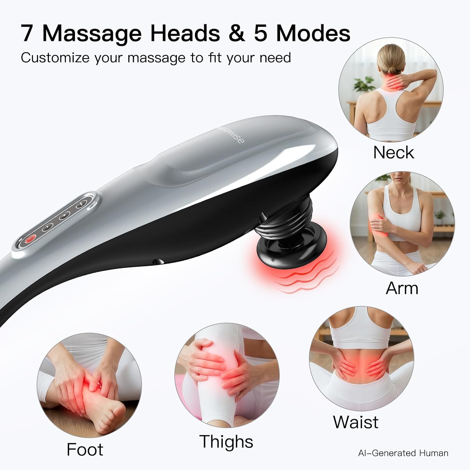 Handheld Back Massager | Deep Tissue Percussion Massage for Back, Neck, Shoulders, Waist and Legs (Cordless Silver)
