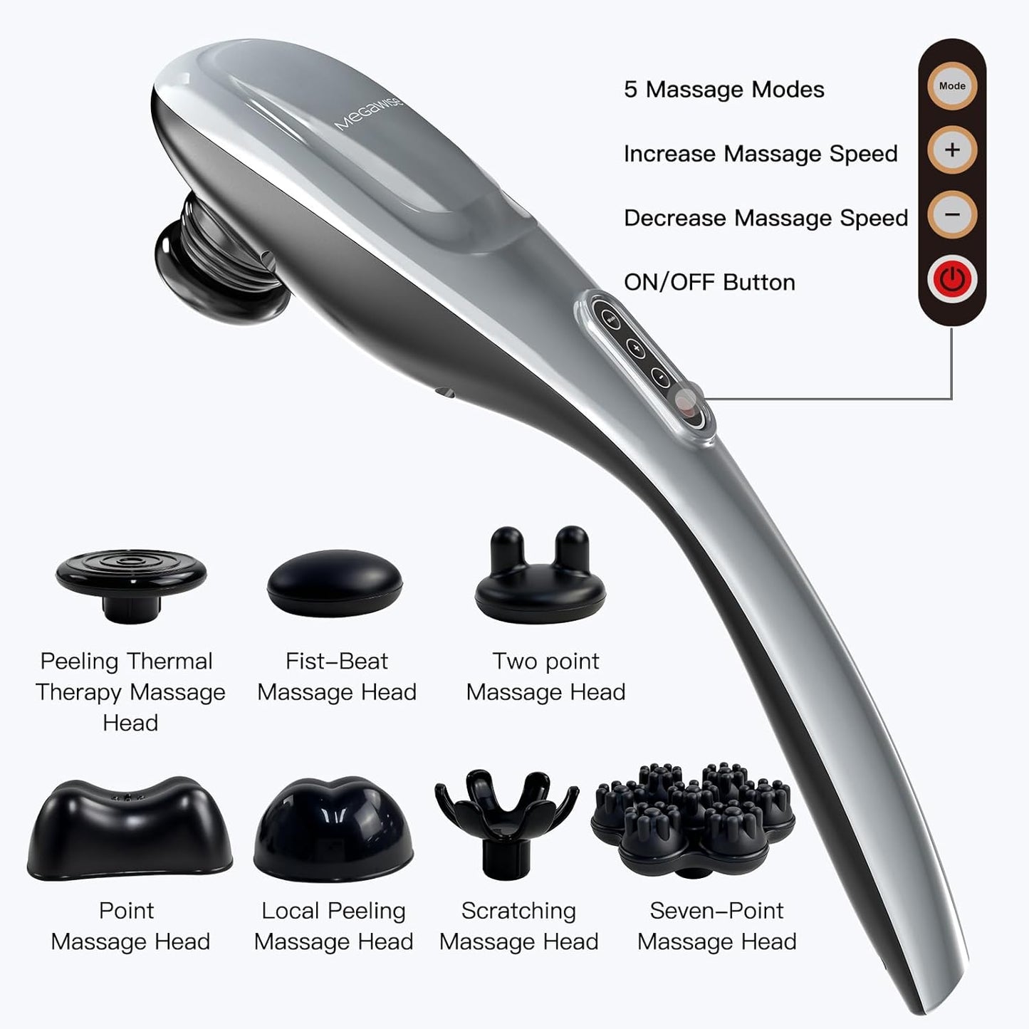 Handheld Back Massager | Deep Tissue Percussion Massage for Back, Neck, Shoulders, Waist and Legs (Cordless Silver)