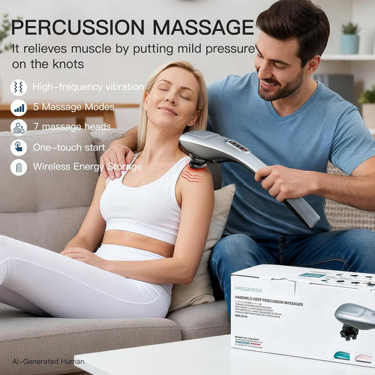Handheld Back Massager | Deep Tissue Percussion Massage for Back, Neck, Shoulders, Waist and Legs (Cordless Silver)